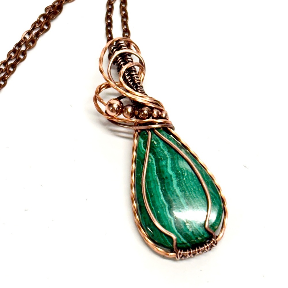 HANDMADE Malachite Hand Wrapped Copper and Copper Bead Pendant, Gift for Her - Picture 2 of 10